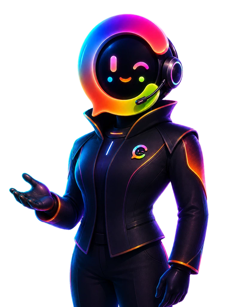 Luna, the English-language AI voice receptionist for TheChattyAI, shown as a premium rainbow chat-bubble agent in a dark suit.